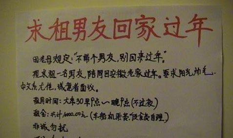 女生张榜租男友回家过年 标价1天1万(图)